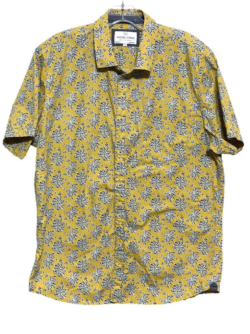 Nickel & Iron Hawaiian Button Down Shirt Men L Tropical Vacation Yellow Blue Y2K